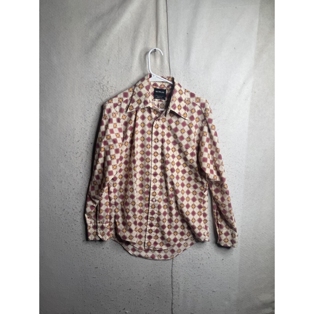 Vintage Showcase Mens Geometric Diamond Button Down Shirt Burgundy Yellow M